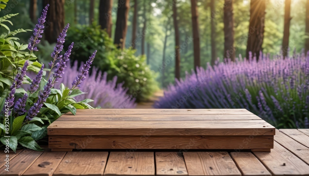 Wooden Platform in Lavender Field with Forest Background. Wooden Platform in Lavender Field with Forest Background.