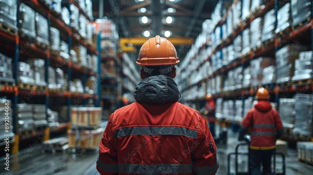 A logistics worker in a warehouse, wearing safety gear and moving large pallets with rows of stocked shelves in the background. A logistics worker in a warehouse, wearing safety gear and moving large pallets with rows of stocked shelves in the background.