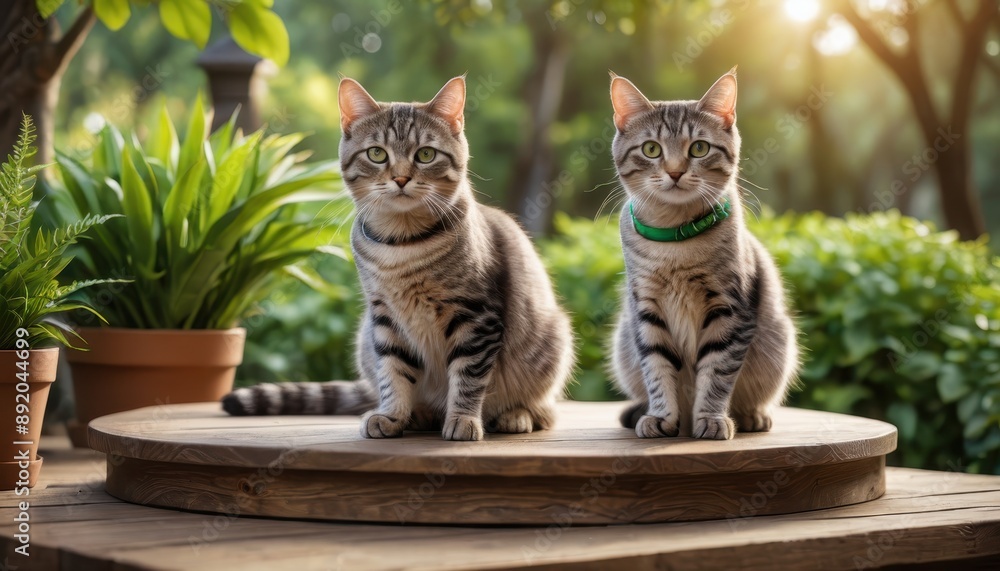 Fototapeta premium Two Tabby Cats Sitting On A Wooden Platform In A Garden.