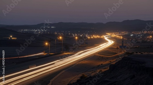 vast desert highway. transparent PNG background. light streaks on a desert highway. Very beautiful city lights at night