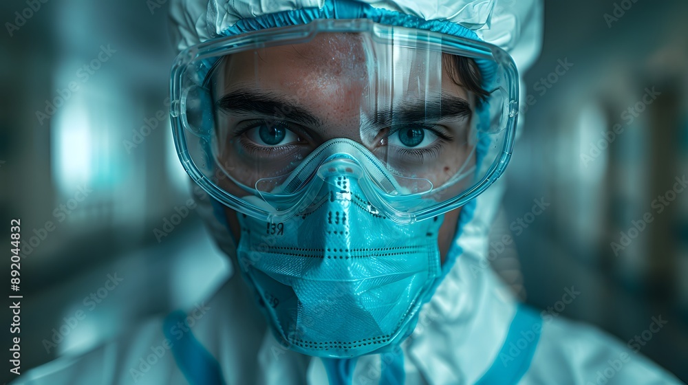 Male doctor, close-up portrait, medical protective suit, N95 mask, safety goggles, intense gaze, determined expression, hospital corridor background, pandemic setting, dramatic lighting. Male doctor, close-up portrait, medical protective suit, N95 mask, safety goggles, intense gaze, determined expression, hospital corridor background, pandemic setting, dramatic lighting.