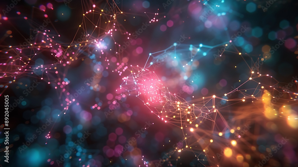 Fototapeta premium A futuristic image illustrating the concept of machine learning, with interconnected nodes representing neural networks, glowing with vibrant colors against a dark background, 