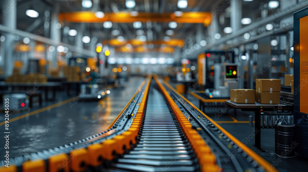 Warehouse workers using conveyor belts to move packages, with automated systems and busy workstations visible in the background. Warehouse workers using conveyor belts to move packages, with automated systems and busy workstations visible in the background.