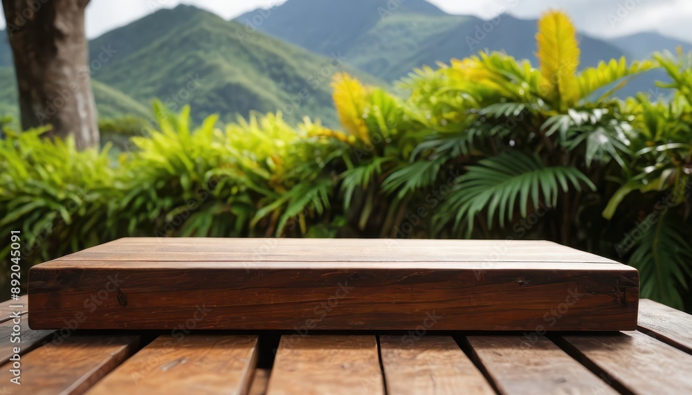 Fototapeta premium Wooden table with mountains and foliage background.
