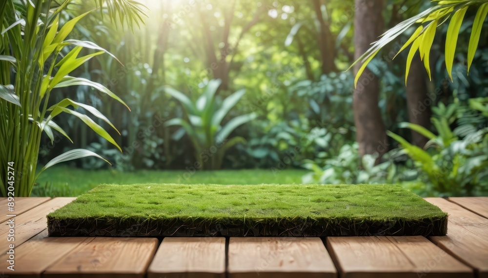 Green Grass on Wooden Tabletop with Blurred Nature Background. Green Grass on Wooden Tabletop with Blurred Nature Background.