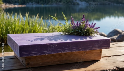 Purple Resin Table with Flowers by Lake.