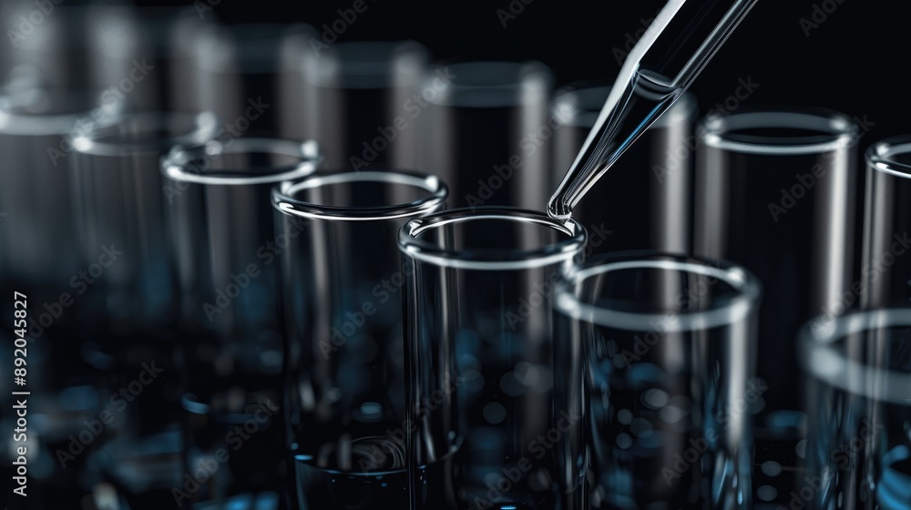 Close up of laboratory test tubes and pipette against black background Concept of science research and chemistry