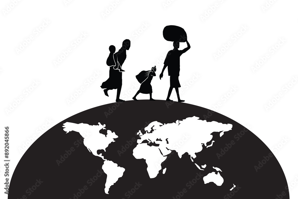 silhouette of refugee and world. black and white illustration of refugee. silhouette of refugee and world. black and white illustration of refugee.