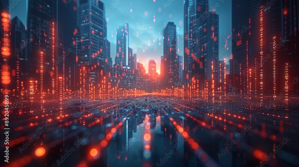 Fototapeta premium A stock market graph with double exposure of modern skyscrapers.