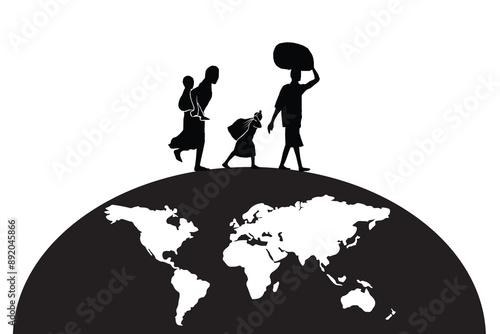 silhouette of refugee and world. black and white illustration of refugee.