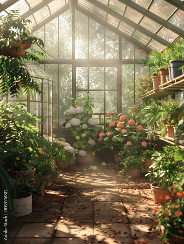 Sunlit Greenhouse with Lush Greenery and Flower Pots