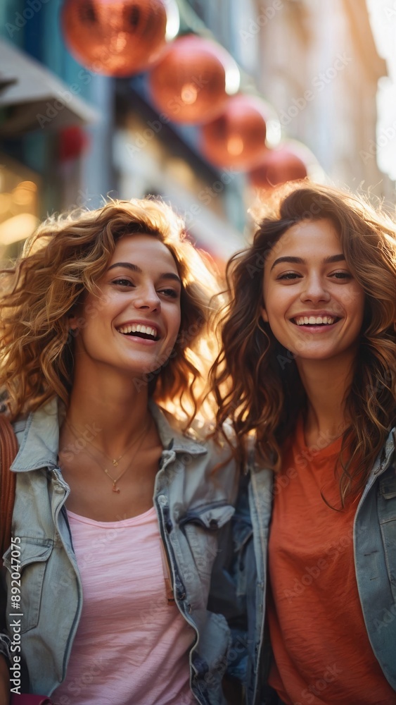 Two women with curly hair stand together in city setting both smiling broadly Two women with curly hair stand together in city setting both smiling broadly