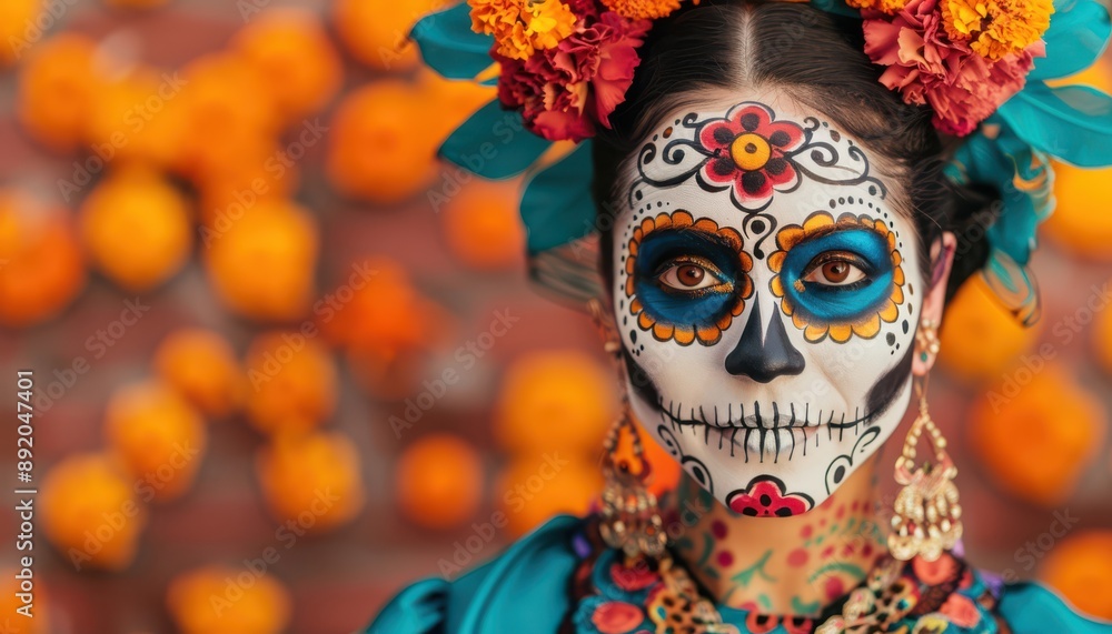 A vibrant portrait of a woman adorned with traditional dress and floral decorations, celebrating cultural heritage and beauty. A vibrant portrait of a woman adorned with traditional dress and floral decorations, celebrating cultural heritage and beauty.