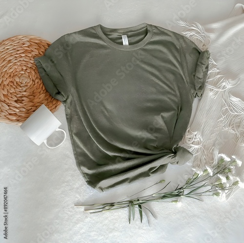 Heather Military Green Bella Canvas 3001 Mockup  Heather Military Green Bella and Canvas T-Shirt 3001 Mockup Flat Lay Heather Military
