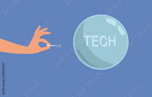 Hand Bursting the Tech Bubble Vector Conceptual Illustration. Speculative overvalued industry ready to pop 

