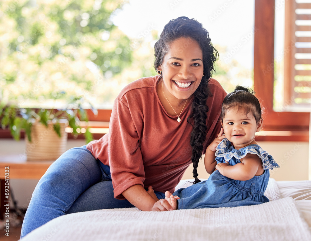 Bedroom, Indonesian mother and baby in portrait for bonding with family, smile for growth in house. Mom, daughter and happiness in home or together for wellness, learning and development or parenting