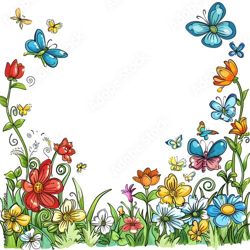 Horizontal Cartoon Flower Border. Colorful flower border with lots of cartoon flowers