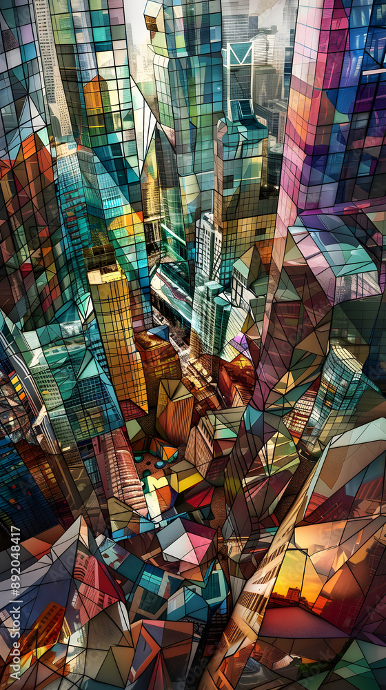 Naklejka premium Cubist Urban Symphony: Fragmented Cityscapes and Geometric Harmony in Modern Metropolises
