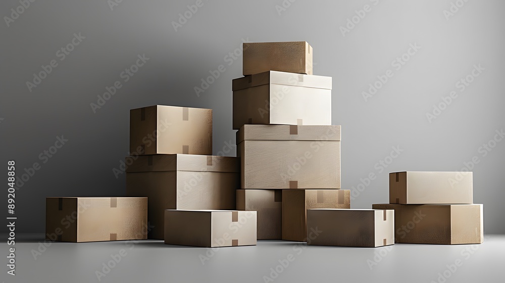 Stacked cardboard boxes, various sizes, pristine condition, soft gray background, minimalist composition, clean lines, subtle shadows, matte finish, neutral tones, moving day concept. Stacked cardboard boxes, various sizes, pristine condition, soft gray background, minimalist composition, clean lines, subtle shadows, matte finish, neutral tones, moving day concept.
