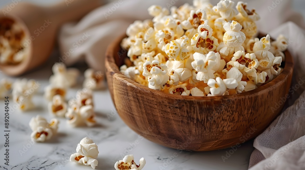 Wooden bowl of fresh popcorn, white marble countertop, scattered popcorn kernels, crisp texture, buttery golden hue, close-up food photography, soft natural lighting. Wooden bowl of fresh popcorn, white marble countertop, scattered popcorn kernels, crisp texture, buttery golden hue, close-up food photography, soft natural lighting.