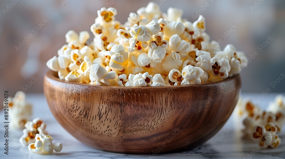 Wooden bowl of fresh popcorn, white marble countertop, scattered popcorn kernels, crisp texture, buttery golden hue, close-up food photography, soft natural lighting. Wooden bowl of fresh popcorn, white marble countertop, scattered popcorn kernels, crisp texture, buttery golden hue, close-up food photography, soft natural lighting.