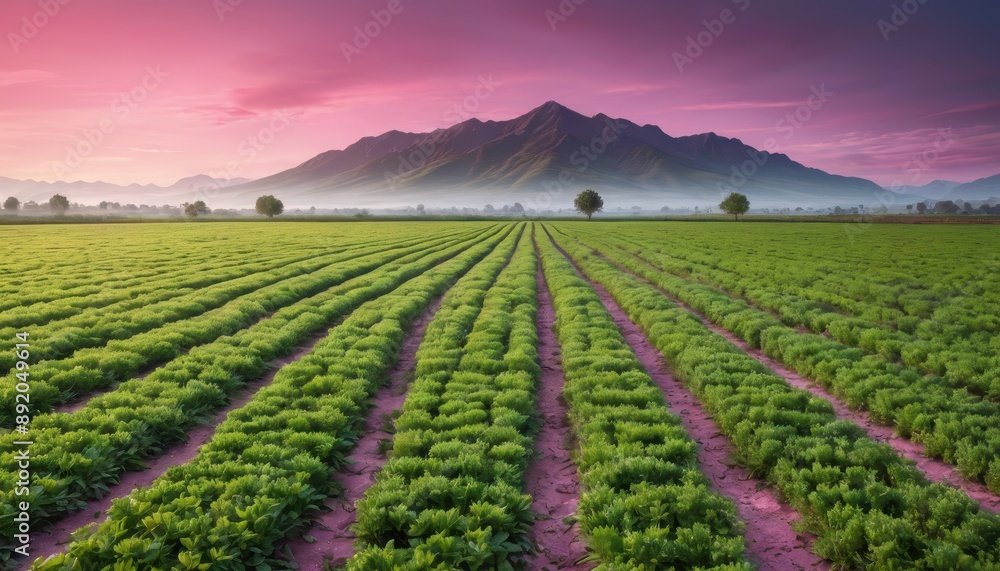 Rows of Green Plants in a Field with Mountains in the Background. Rows of Green Plants in a Field with Mountains in the Background.