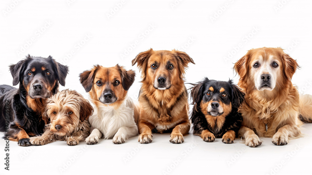 A group of cute dogs with different breeds isolated on a white background, perfect for pet-related events, advertisements, and promotions. A group of cute dogs with different breeds isolated on a white background, perfect for pet-related events, advertisements, and promotions.