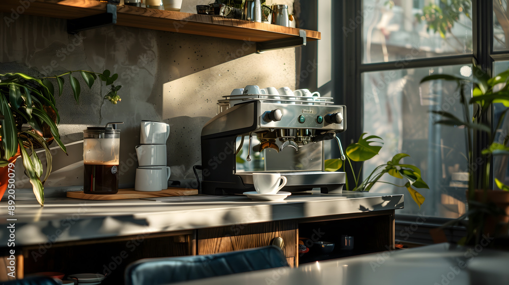 A quiet corner in a cafe with a state-of-the-art coffee machine and a comforting cup of hot chocolate