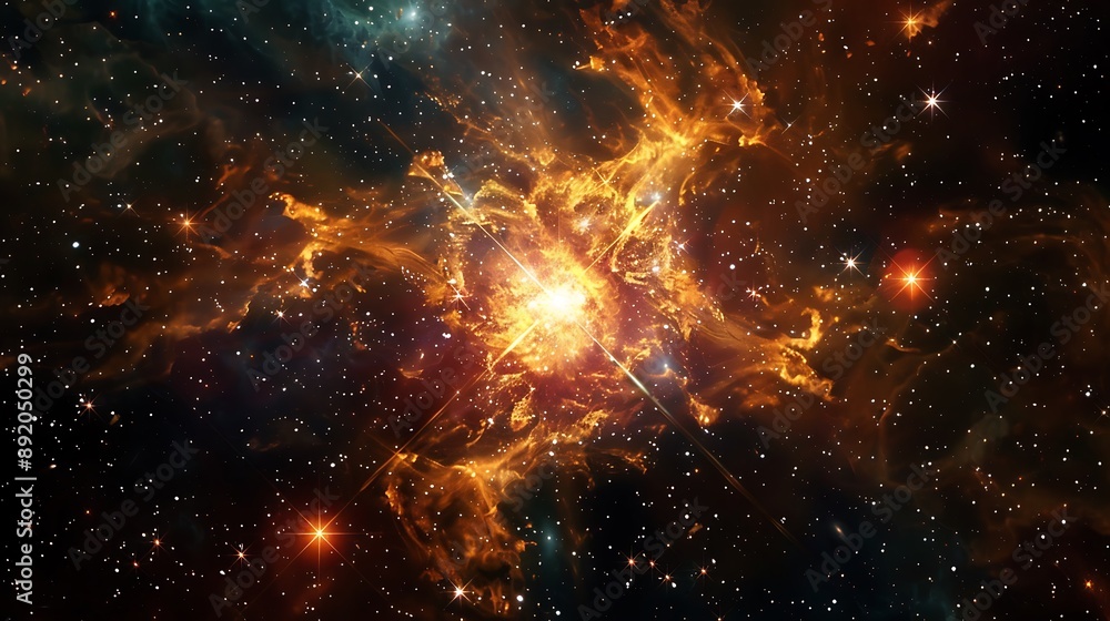 A supernova explosion seen from a safe distance, illuminating nearby star clusters A supernova explosion seen from a safe distance, illuminating nearby star clusters