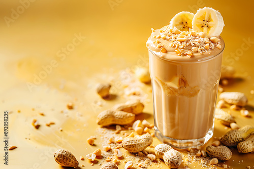 Creamy peanut butter banana smoothie garnished with banana slices and crushed peanuts, set against a warm yellow background.