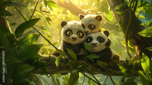 Three baby pandas playfully stacked on a branch surrounded by green leaves, with the top panda looking directly at the viewer and sunlight filtering through the forest