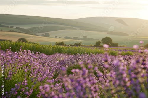Lavender Field with Rolling Hills in Distance