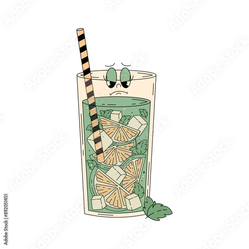 Retro groovy character summer cocktail. Cute alcohol beverage Mojito. Vintage vector illustration 70s, 80s style on transparent background