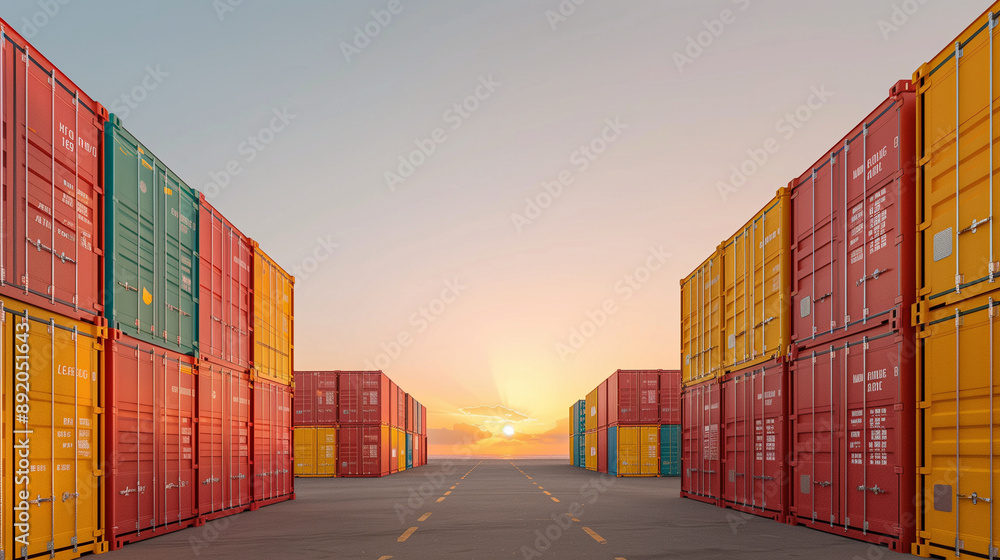 Fototapeta premium Colorful shipping containers at sunset. Generative AI image