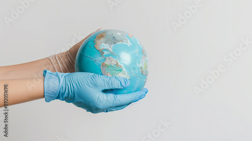 Hand with protective glove, touching globe