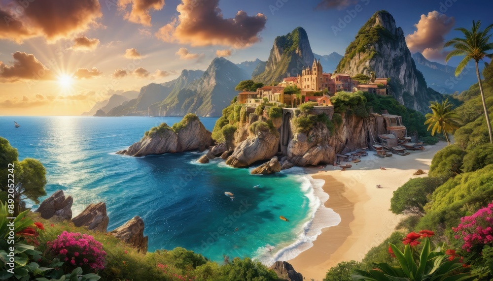 Fototapeta premium Majestic Mountaintop Village with Breathtaking Ocean Views.