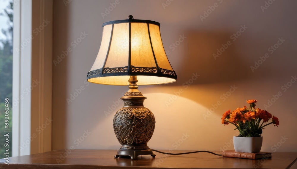 Table lamp with flowers and book. Table lamp with flowers and book.