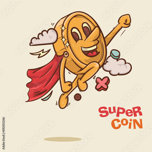 super coin concept. shine coin mascot cartoon character flying with super suit concept.vintage style money mascot cartoon character vector illustration
