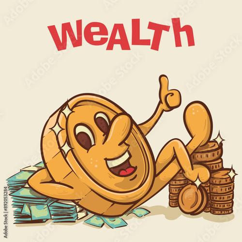 wealth concept. shine coin mascot with face lying on a pile of money 
 sconcept.vintage style money mascot cartoon character vector illustration