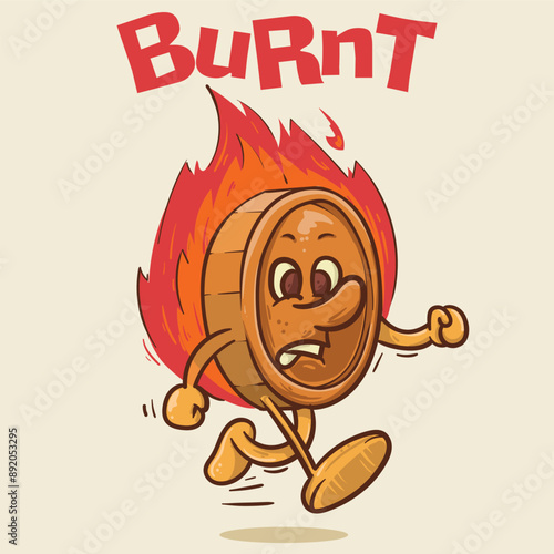 burnt money concept. shine coin mascot with face running on fire concept. vintage style money mascot cartoon character vector illustration