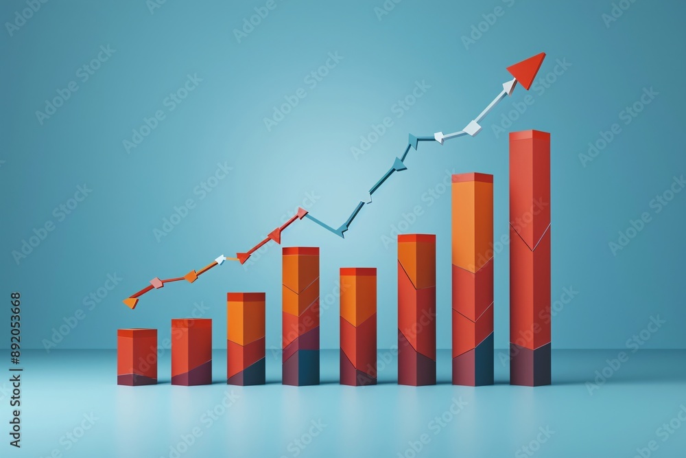 3D bar graph with upward trend arrow 3D bar graph with upward trend arrow