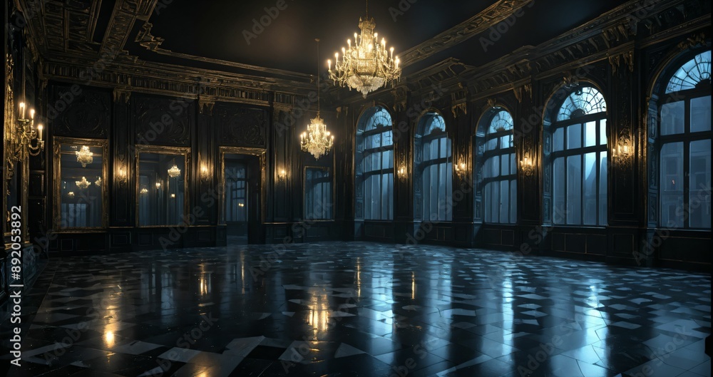 dark ballroom room interior of palace mansion gothic castle at night. elegant formal art deco decor and floral embellishments.