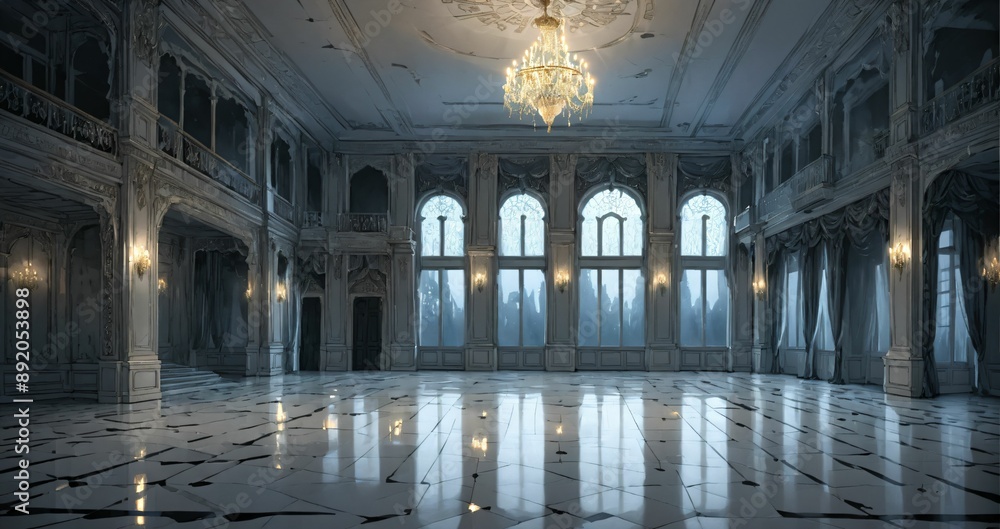 Obraz premium white ballroom mansion palace interior of building. marble flooring stone floors. baroque gothic art deco design with windows, curtains, and chandelier.