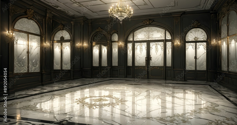 Obraz premium palace ballroom entrance doorway door lobby hallway in mansion building interior. black on white art nuevo art deco design and gothic style.