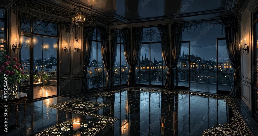 dark porch patio of mansion palace house interior with stone marble floor and city view on terrace through sliding glass doors. gothic design with gold ornamentals and patterns. dark porch patio of mansion palace house interior with stone marble floor and city view on terrace through sliding glass doors. gothic design with gold ornamentals and patterns.