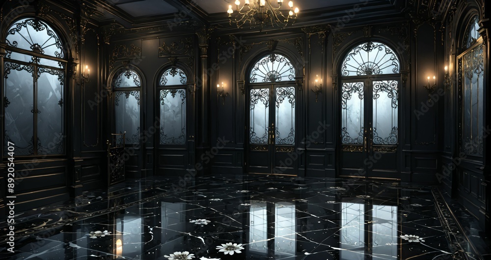 dark black door doorway entrance lobby of industrial gothic castle palace mansion. art deco art nuevo goth style with filigree ornamentals and patterns. dark black door doorway entrance lobby of industrial gothic castle palace mansion. art deco art nuevo goth style with filigree ornamentals and patterns.