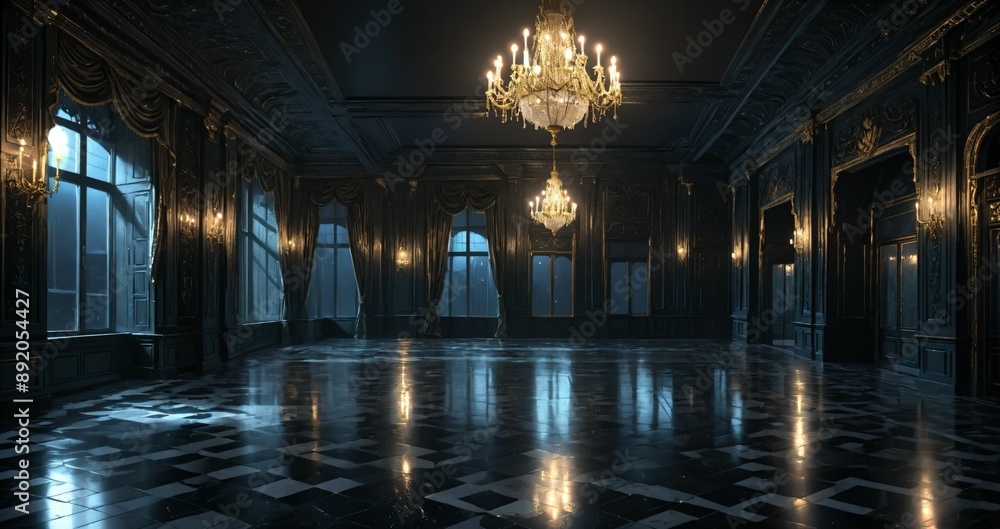 dark ballroom room interior of palace mansion gothic castle at night. elegant formal art deco decor and floral embellishments. dark ballroom room interior of palace mansion gothic castle at night. elegant formal art deco decor and floral embellishments.