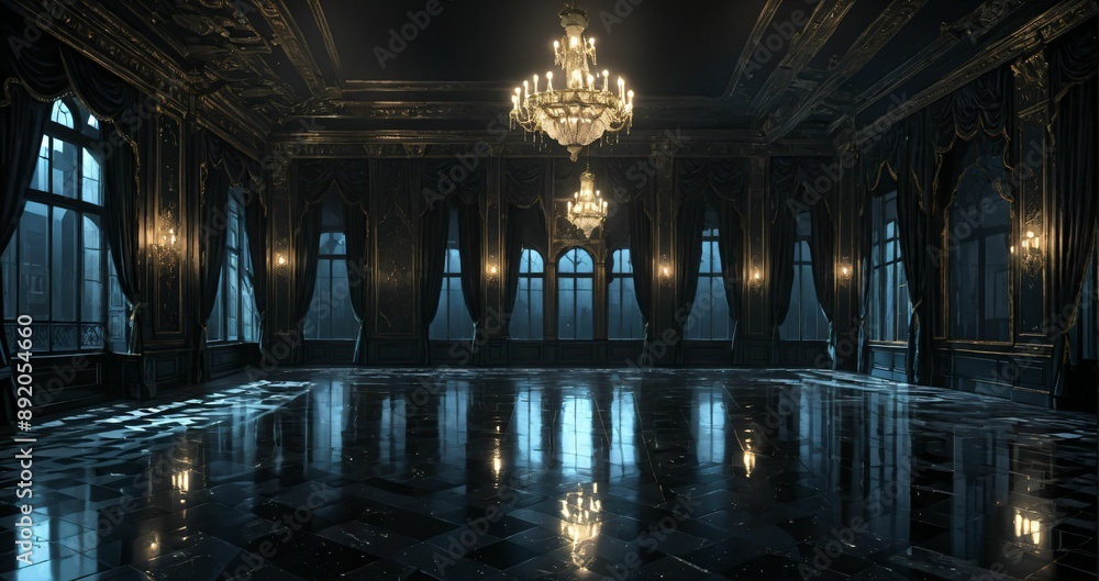 Obraz premium dark ballroom room interior of palace mansion gothic castle at night. elegant formal art deco decor and floral embellishments.