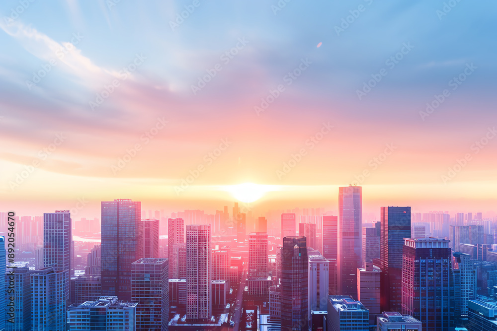 Obraz premium A panoramic view of a citys skyline at sunset