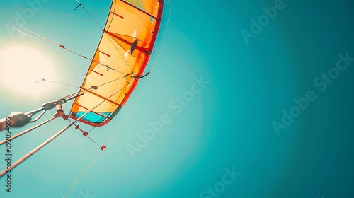 close-up of a kitesurfing kite handle and lines against a clear blue sky